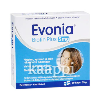 Витамины Evonia Biotin Plus 5mg  для роста волос 60 кап из Финляндии